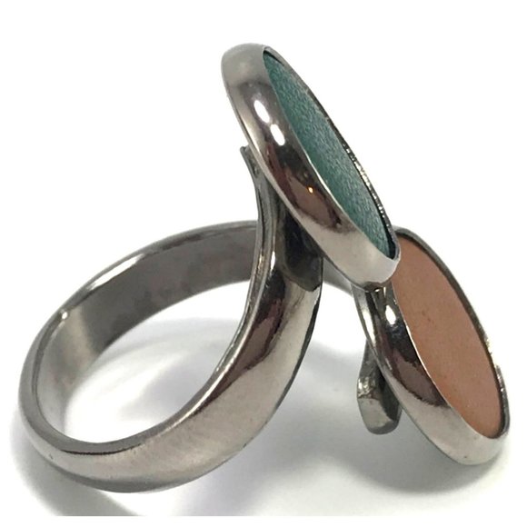 Silver Tone Leather Disc Statement Ring Adjustable Teal and Brown - Picture 6 of 6